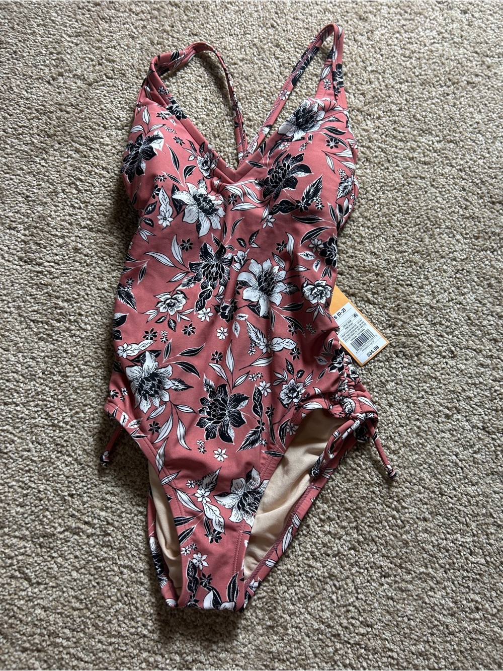 Kona Sol Women's One Piece Swimsuit Floral Ruched Side Lace Up Pink NWT Size S